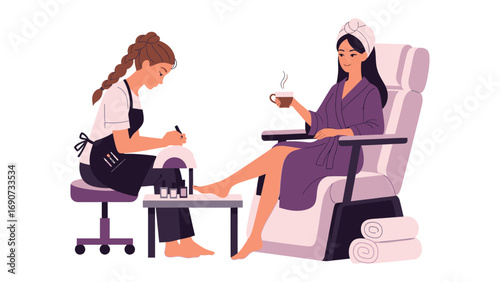 Woman relaxing in spa chair receiving a pedicure from a professional nail technician in a salon setting
