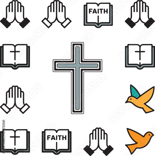 An illustration featuring praying hands, books with faith and cross symbols, and flying doves in a pattern.
