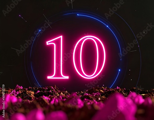Neon pink number ten on a dark background