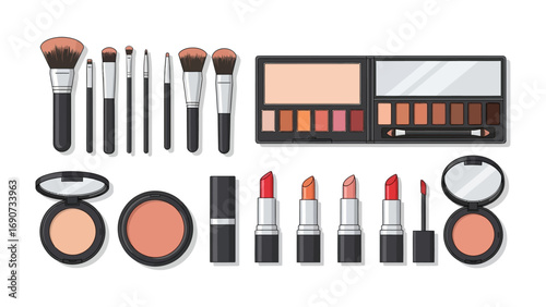 A vibrant flat lay collection of professional makeup brushes eyeshadow palettes blushes and lipsticks arranged neatly on a white background
