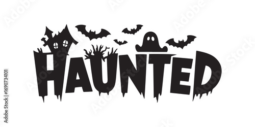 Spooky Dripping 'Haunted' Halloween Typography with a Haunted House and Ghost