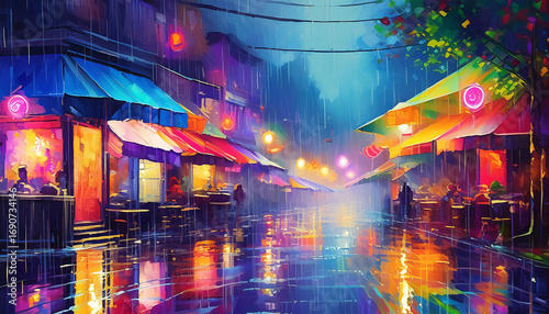 Vivid digital painting of night city with cafes, neon signs, heavy rain, bright glowing reflections, colorful wet sidewalk, vibrant urban nightlife, perfect for wall decor, poster, metropolitan mood