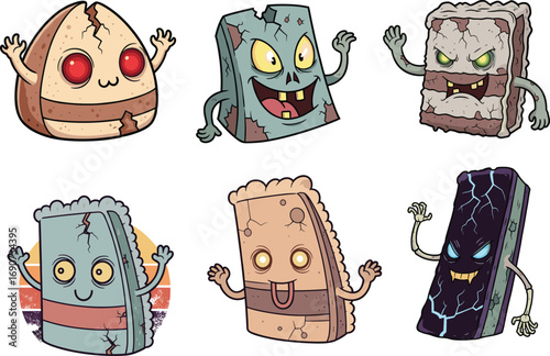Funny zombie sandwich characters with expressive faces, cracked bread, spooky Halloween food mascots, animated creepy cartoon sandwiches with glowing eyes and sharp teeth