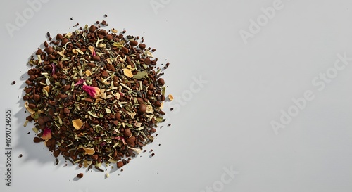 Loose Leaf Herbal Tea Blend with Rose Petals on White Background