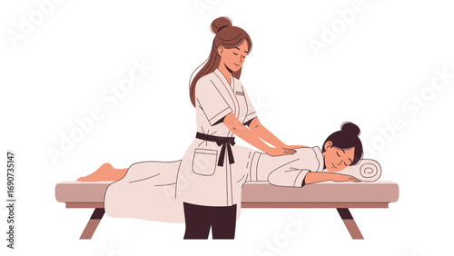 A skilled female massage therapist gently massages the back of a relaxed woman lying on a massage table in a spa setting