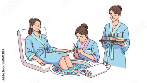 A woman relaxes in a spa chair receiving a pedicure from a technician while another attendant holds a tray of colorful nail polish bottles