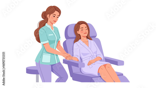 Caring nurse or doctor in uniform assisting a smiling patient seated in a comfortable medical examination chair