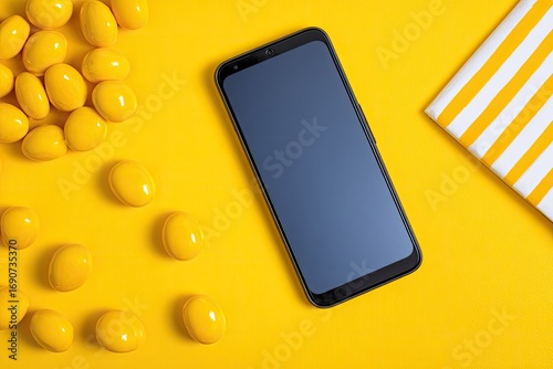 Smartphone and yellow objects on a yellow background