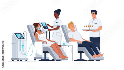 Two diverse patients receiving advanced aesthetic treatments in a modern clinic with medical professionals operating sophisticated equipment and offering personalized care