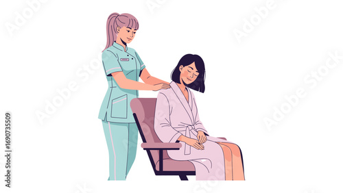 Young woman receiving a relaxing shoulder massage from a therapist in a spa setting with a white background