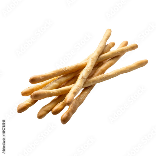 Delicious fresh grissini breadsticks on a wooden spoon and a white background