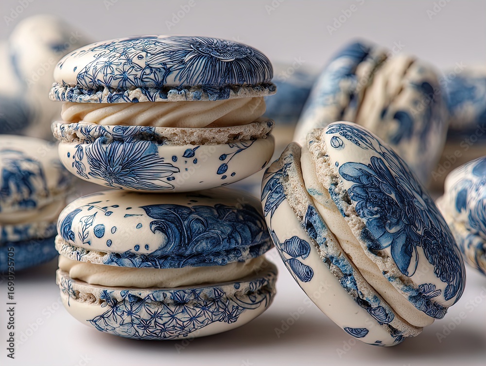 Fototapeta premium elegant macarons: stunning blue and white porcelain design with floral patterns – perfect for modern culinary art posters and stylish interior decor