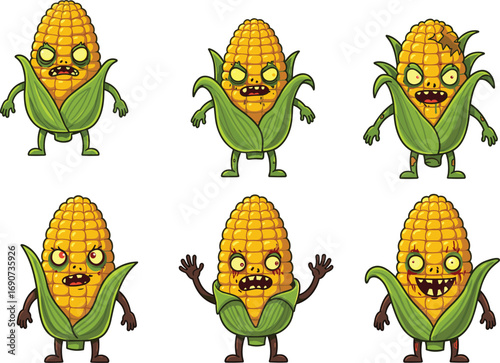 Scary cartoon zombie corn characters, creepy maize monsters illustration, Halloween vegetable creatures with glowing eyes, funny horror food design concept
