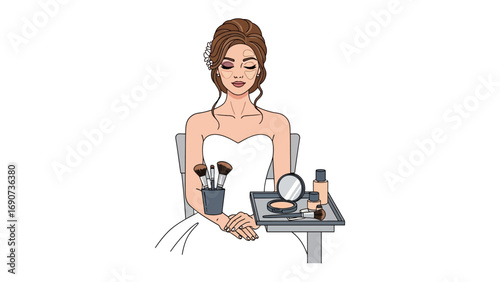 Beautiful bride with elegant updo hairstyle applying makeup with brushes and cosmetics on a vanity table before wedding ceremony