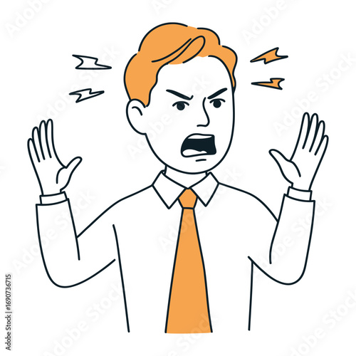 An angry man is shouting with his hands raised in the air, he is wearing a shirt and tie and has an expression of frustration