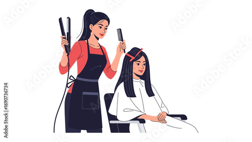 Stylist with hairdryer and comb styling client s hair in a salon chair with a white background