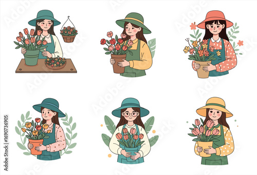 Female gardener cartoon illustration, woman holding flower pot, spring gardening clipart, floral bouquet design, plant lover artwork