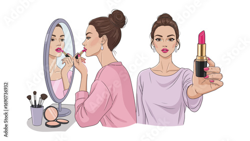 Fashionable woman applying vibrant pink lipstick in a mirror with makeup brushes and compacts on a vanity table and another woman holding lipstick