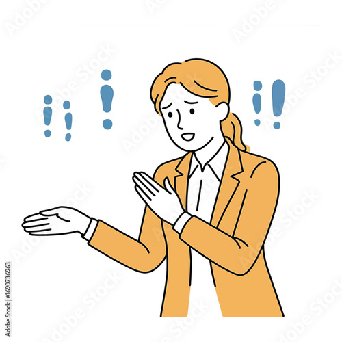 A woman expressing concern with exclamation marks above people icons, symbolizing worry about social issues she is wearing a blazer