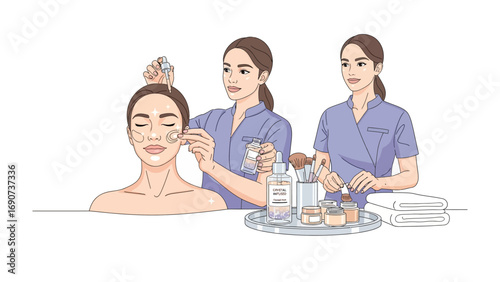 Close up illustration of a woman receiving a facial treatment with a therapist applying serum and various skincare products displayed on a tray