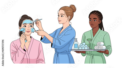 Young woman receiving a facial treatment with refreshing cucumber slices and a professional applying skincare products in a spa setting