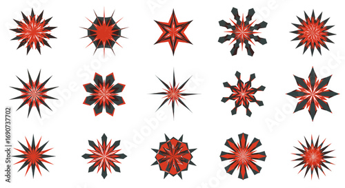 A diverse collection of fifteen geometric star, sunburst, and snowflake icons in red and black.