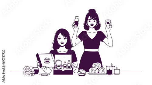 Two happy women with diverse beauty products and skincare items showcasing a collection of cosmetics and self care essentials for a healthy lifestyle