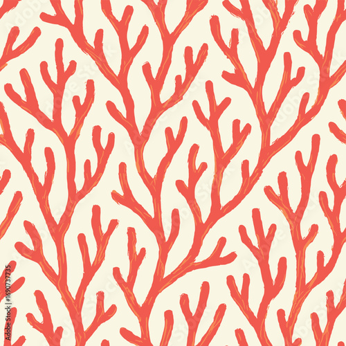 An artistic seamless pattern of painterly red coral branches on a light background, evoking a modern and minimalist coastal concept