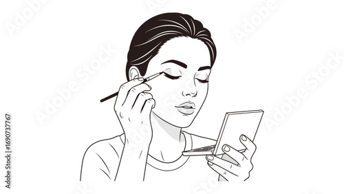Close up illustration of a young woman applying eyeshadow with a brush while looking in a compact mirror a beauty routine