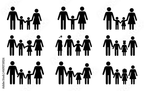 Diverse Family Icon Set: Parents and Children in Various Configurations