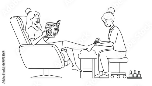 Woman relaxing in a comfortable chair reading a book while receiving a professional pedicure treatment at a salon