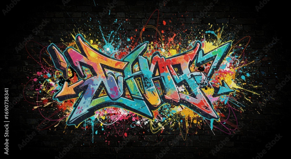 Naklejka premium Graffiti mural with vibrant colors on a dark brick wall