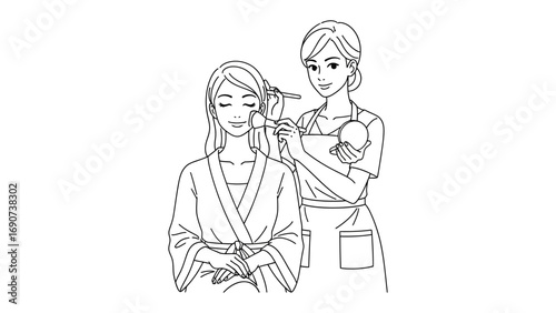 Stylized line drawing of a woman applying makeup to another woman s face with a brush in a salon setting