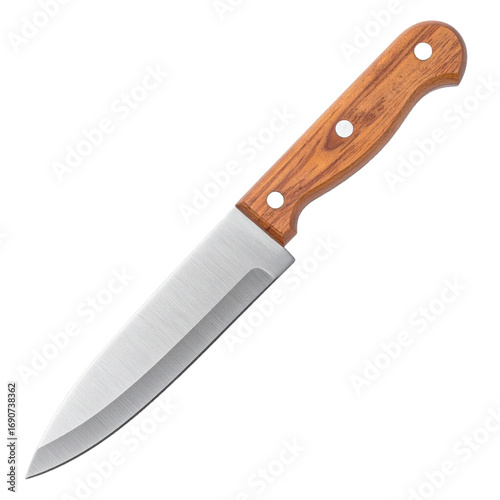 Close Up View of a Sharp Kitchen Knife with Wooden Handle on Transparent Background