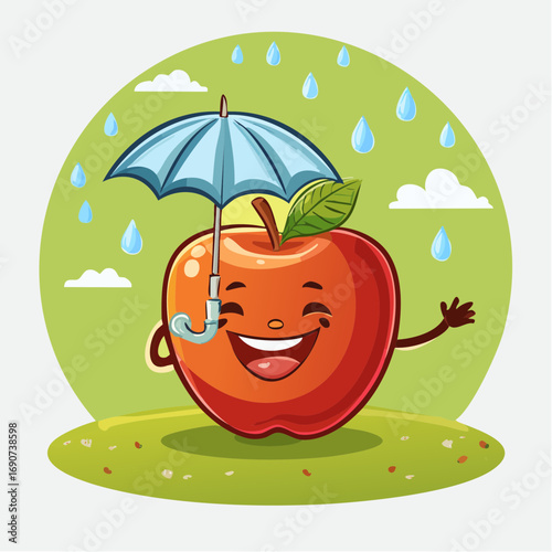 A cheerful cartoon red apple character with a happy face holding a blue umbrella under the rain, a whimsical vector graphic
