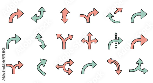 A diverse set of colorful, flat design arrow icons showing various directions, curves, splits, and merges.