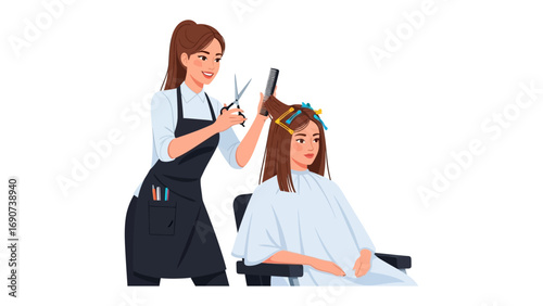 Young female hairdresser expertly cutting and styling a client s long brown hair with scissors and comb in a salon