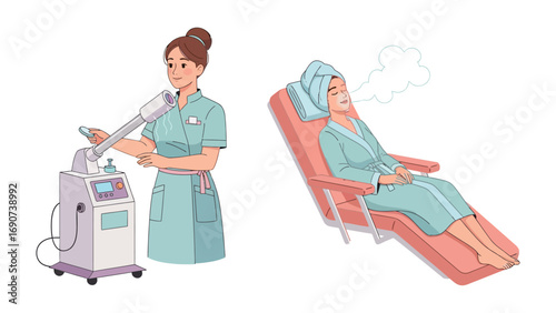 Female nurse in uniform operating medical equipment next to a patient reclining in a treatment chair during a medical procedure