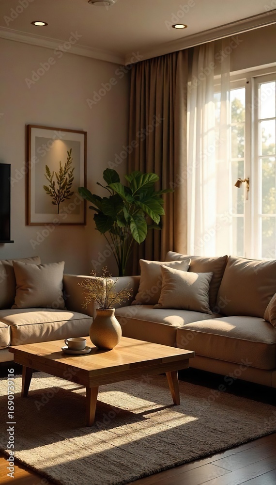 Fototapeta premium Cozy living room with comfortable couch, coffee table, and warm lighting, perfect for relaxation and family time , family, serenity, home sweet home