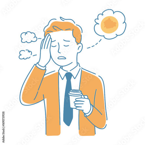 A tired man with a headache holding a cup of coffee, feeling unwell and stressed, he is wearing a suit and tie