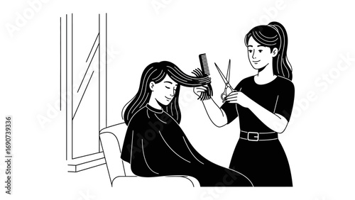 Young woman getting her long dark hair styled and cut by a professional hairdresser in a salon chair