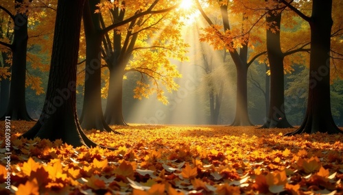 Golden leaves blanket forest floor, sunlight dappled , detail, sunlight