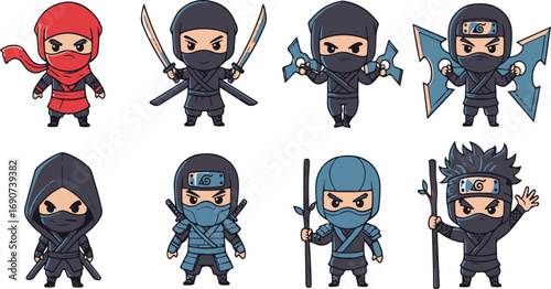 Cute Cartoon Style Ninja Character with Different Weapons Set Illustration