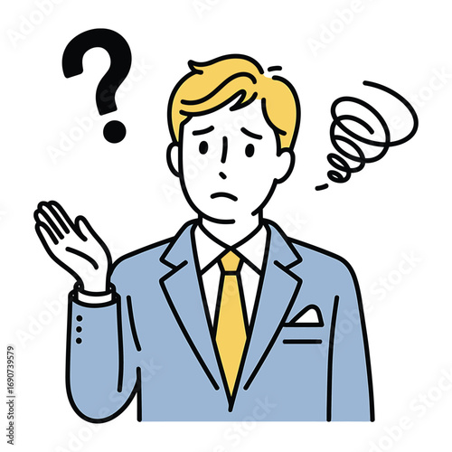 Illustration of a confused businessman with a question mark and swirling lines above his head he seems to be in a state of uncertainty
