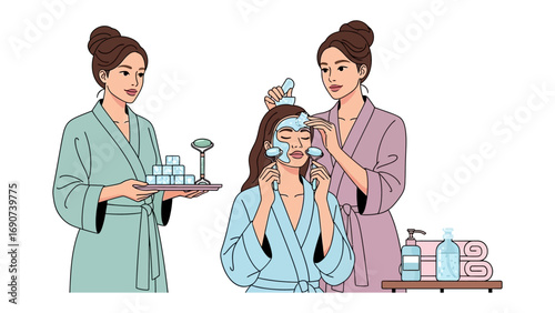 Two women in bathrobes applying a facial mask to a third woman who is sitting down in a spa setting with beauty products