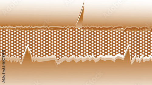 realistic 3D metal rip hole with ragged torn edges, shiny gold metallic tear frame, horizontal vector illustration for industrial and abstract design