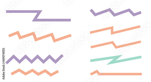 A collection of various abstract zigzag and angular line shapes in pastel purple, orange, and teal colors.