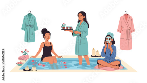 Three women enjoying a relaxing spa day with face masks and robes one serving drinks in a tranquil wellness setting