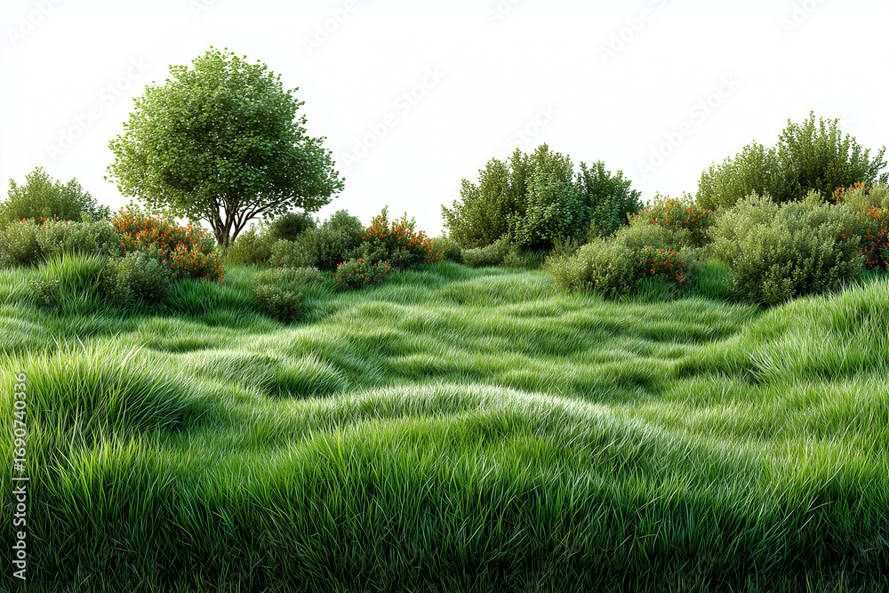 Naklejka premium Falisty, naturalny trawnik z wysoką trawą. W tle znajdują się drzewa i krzewy z pomarańczowymi kwiatami.