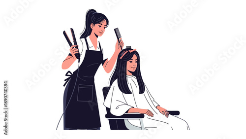 Professional hairstylist carefully straightening a client s long dark hair with a flat iron in a salon setting